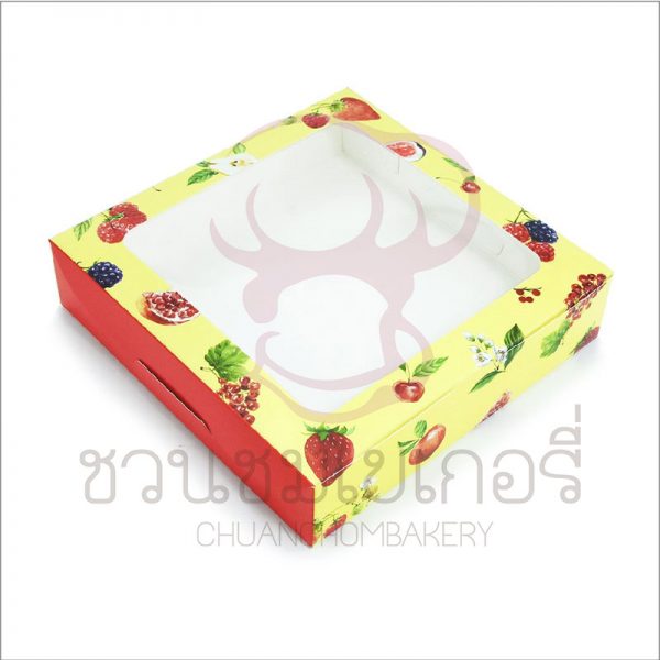 กล่องเบเกอรี่ ลายmixfruitsสีเหลือง เจาะหน้า BB47 รหัส PBN6S0110