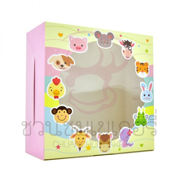 กล่องเค้ก 1 ปอนด์ ลายปีเกิด สีชมพู ทรงเตี้ย