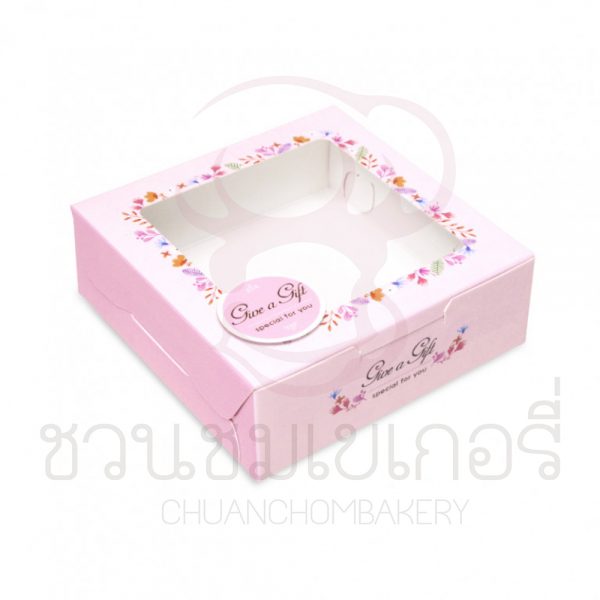 กล่องบราวนี่1ชิ้นลายดอกไม้หลากสีพื้นชมพู BK50W-048