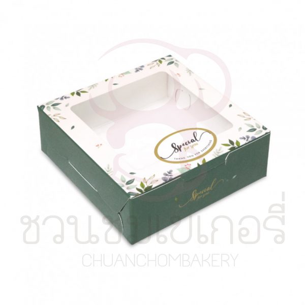 กล่องบราวนี่1ชิ้นลายใบไม้พื้นสีเขียว BK50W-046