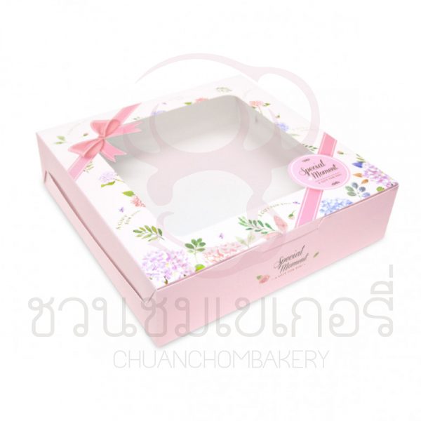 กล่องเค้ก1ปอนด์เตี้ยช่อดอกไม้พื้นชมพู BK60W-007
