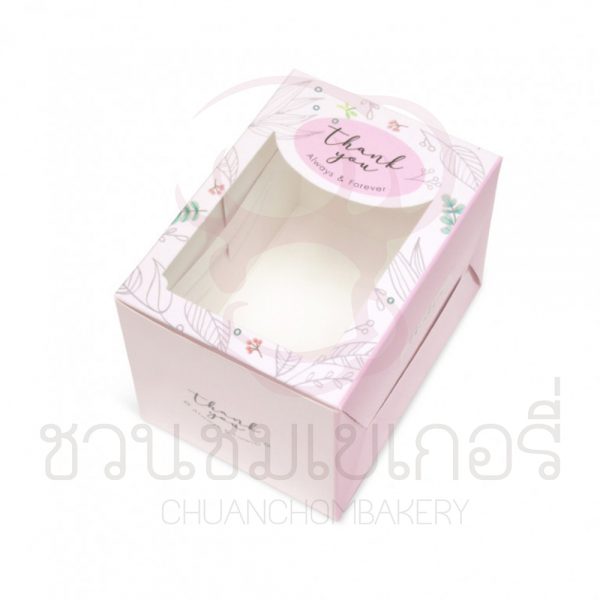 กล่องเค้กชิ้นthank youชมพูเส้นใบไม้ BK21W-019