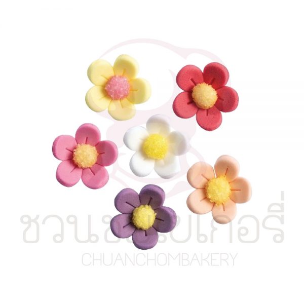 น้ำตาลตกแต่งหน้าขนม ดอกไม้ คละสี บรรจุ 10 ดอก #2362 (21mm) รหัส 50962362