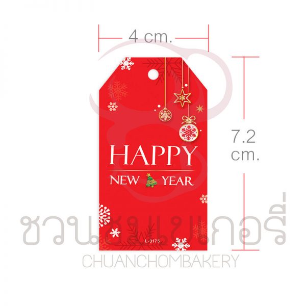 L-NY-3175 Tag ตัดมุม 4x7.2cm. HNY เกล็ดหิมะพื้นแดง (50แผ่น) รหัส L3175
