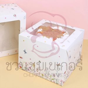 กล่องเค้ก 2 ปอนด์ ทรงสูง 19 ซม. ลาย flying flowers  รหัส 0102120