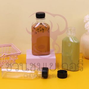 ขวดพลาสติกPET 220cc. ทรงแบนเรียบปาก30มม. ฝาดำ 1913074