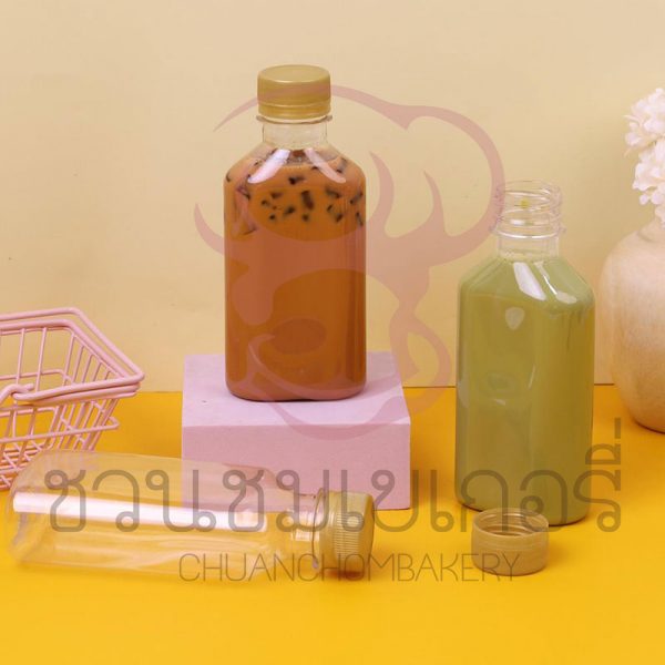 ขวดพลาสติก PET 220 cc. ทรงแบนเรียบปาก 30 มม. ฝาทอง 1913084